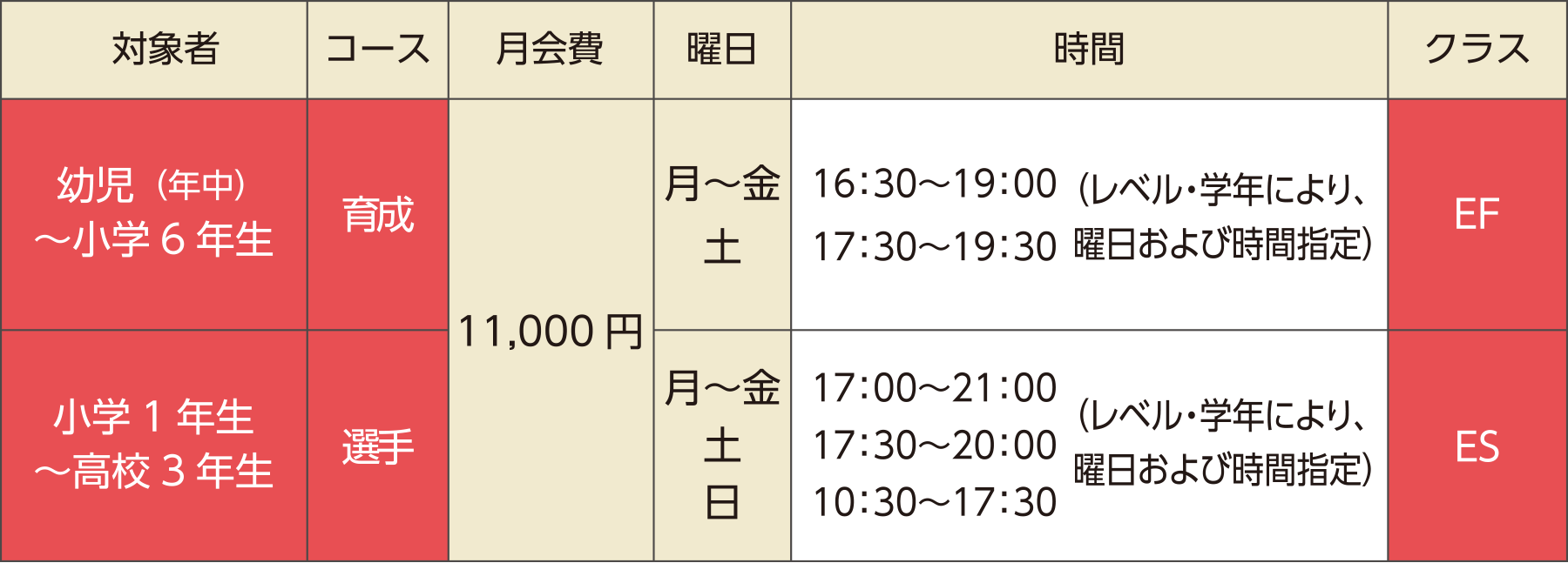 選手育成コース月会費・クラスの表